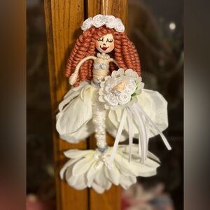 Handmade bride Doll Ornament with White Floral Dress and Red Yarn Hair